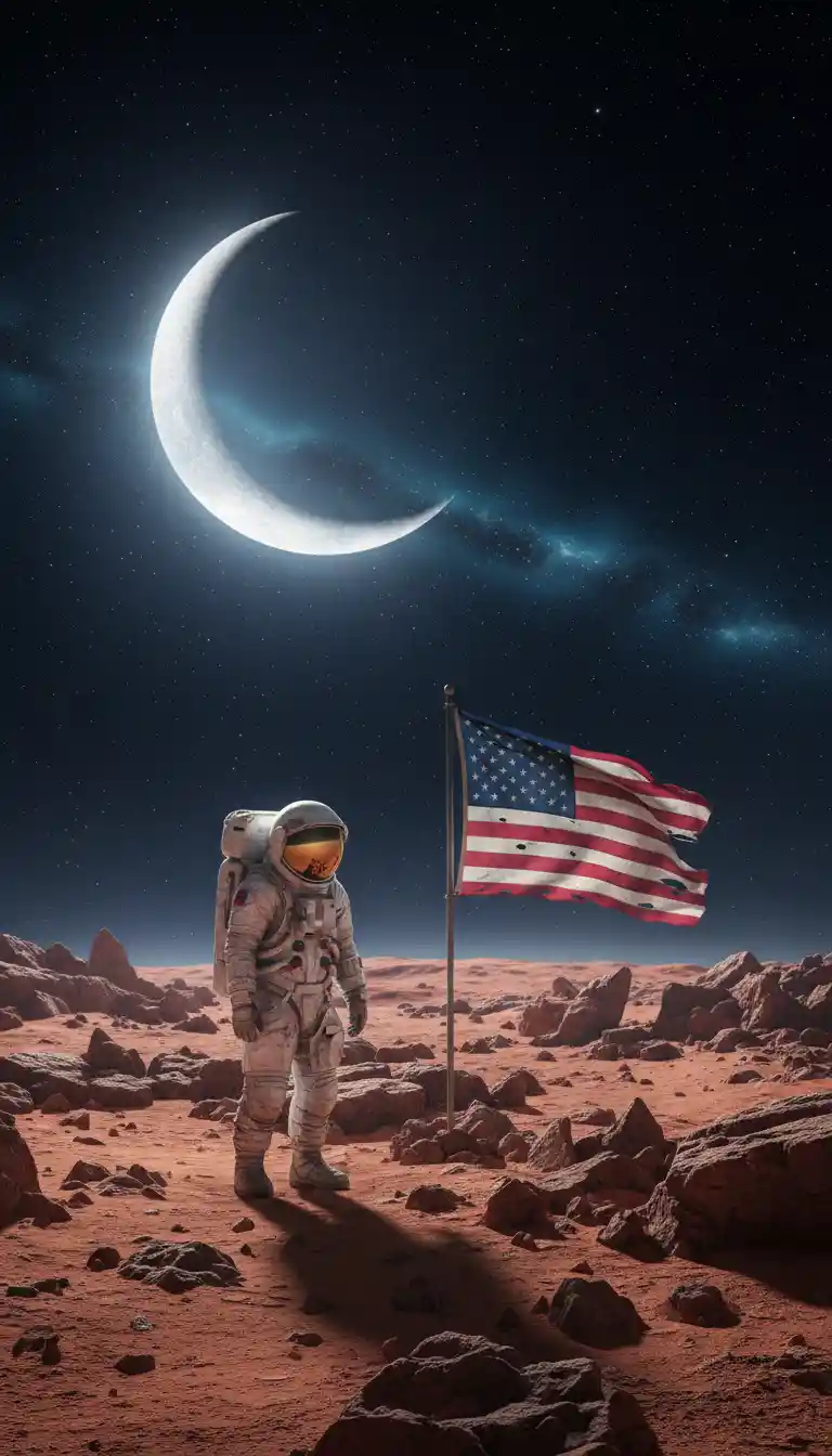 Lonely astronaut on a barren red moonlit landscape