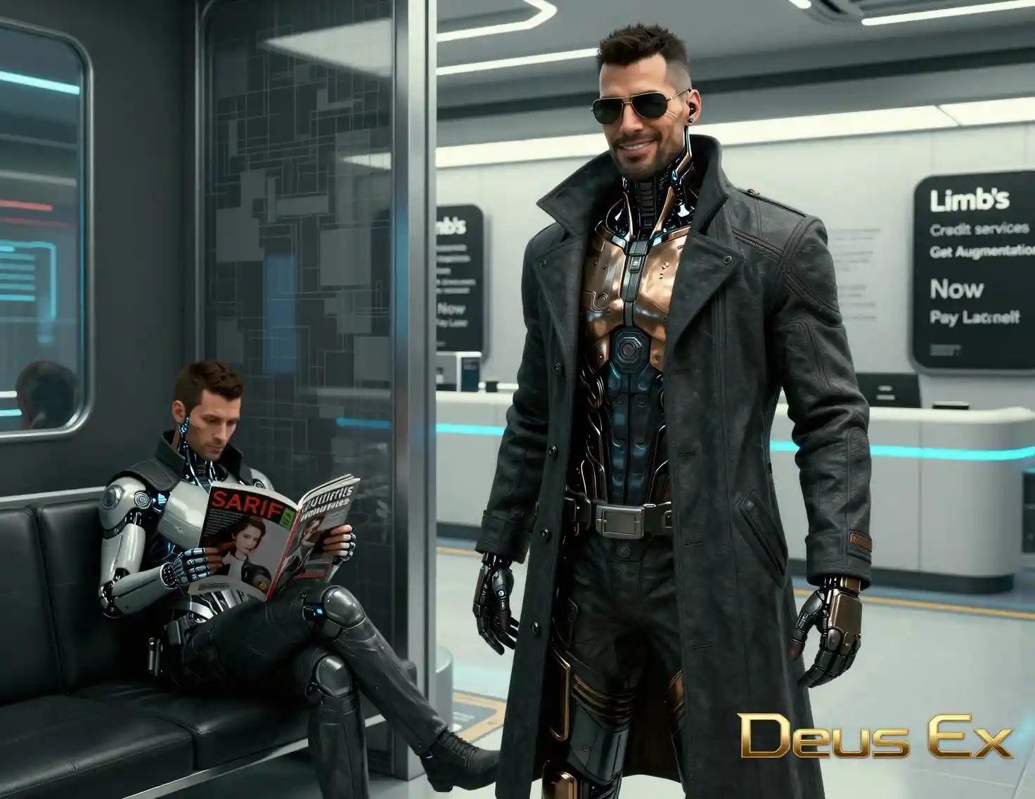 Detective aumentado en el lobby de una clínica cyberpunk futurista
