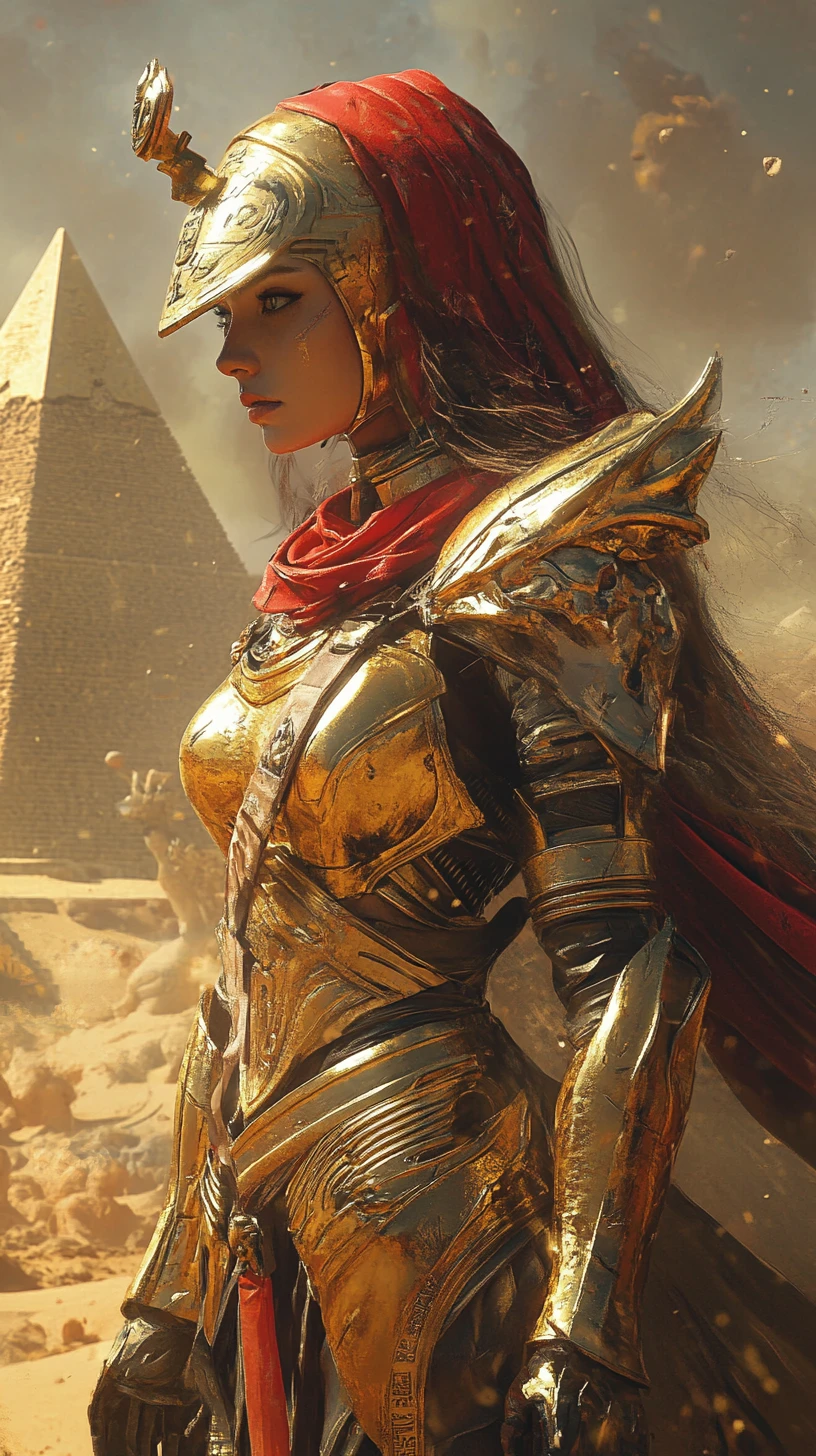 Golden egyptian robot woman standing before desert pyramid