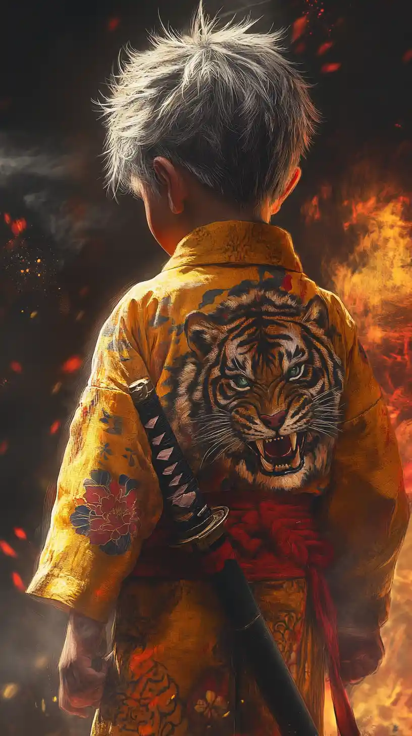 Tattooed child warrior in yellow kimono with katana