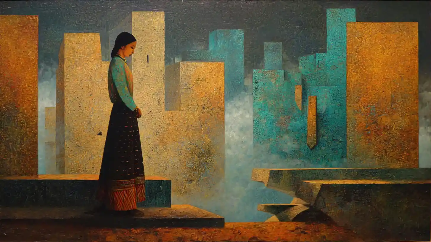 Surreal Aztec woman before geometric city and void