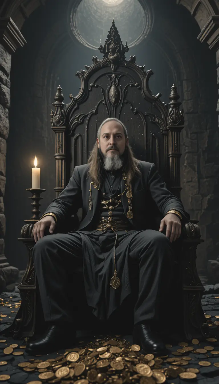 Greedy man on wooden throne amid gold in stone chamber