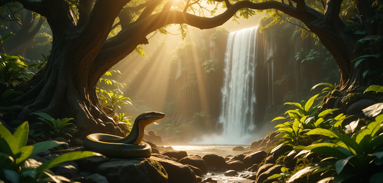 Boa pacífica descansando bajo una cascada selvática bañada por el sol