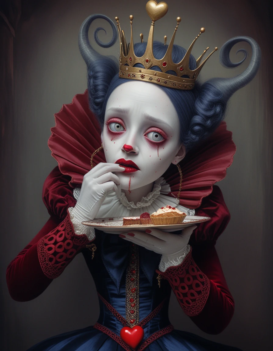 Reina melancólica con tarta de corazón en retrato de fantasía gótica