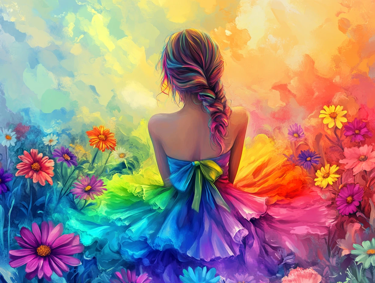 Whimsical ethereal girl beside neon rainbow daisy