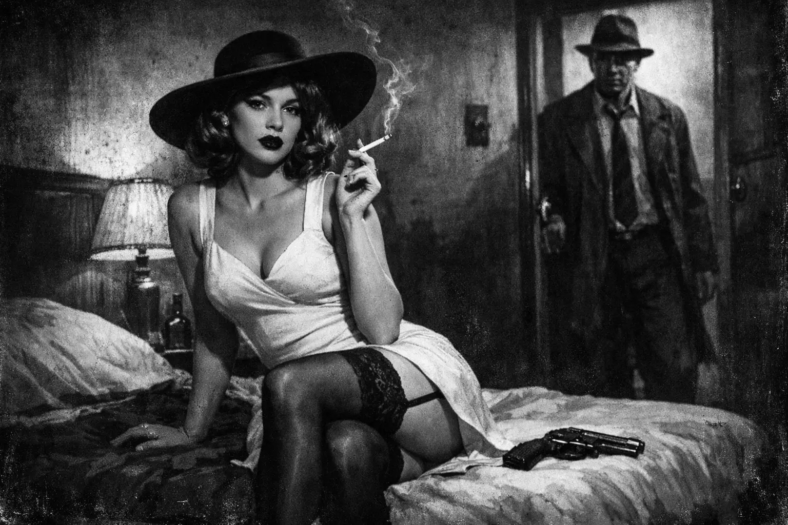 Frau im weißen Kleid in schäbigem Noir-Motelzimmer