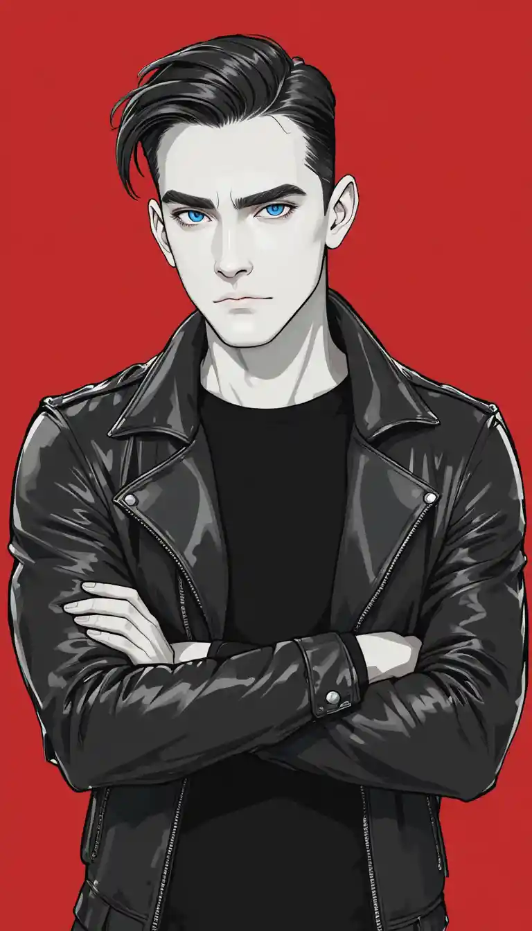 Cartoon man in black leather jacket on red background