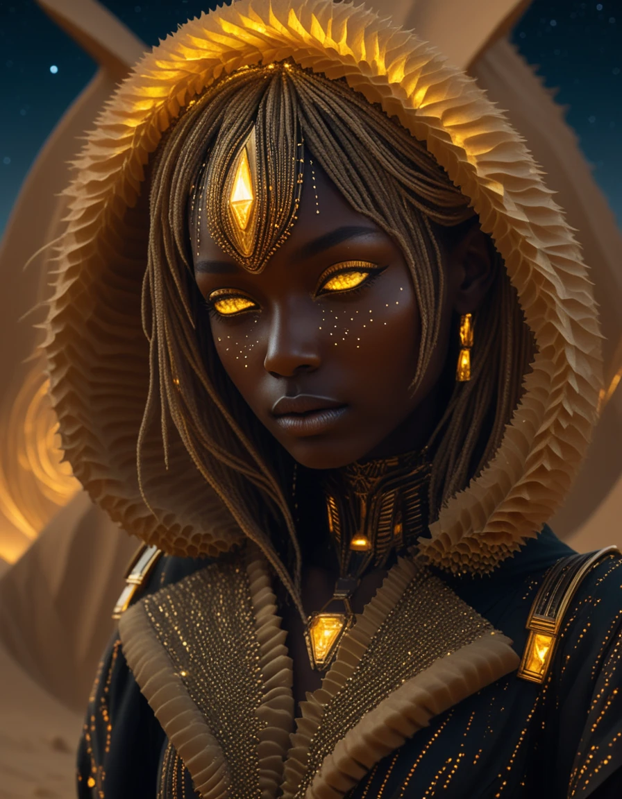 Imperatrice afrofuturista che cammina tra dune di vetro luminose