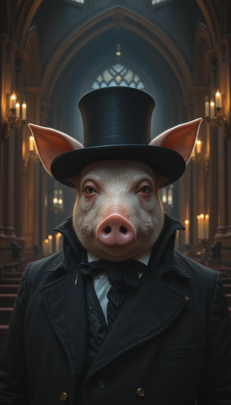 Cochon anthropomorphe en costume dans une cathédrale gothique éclairée à la bougie