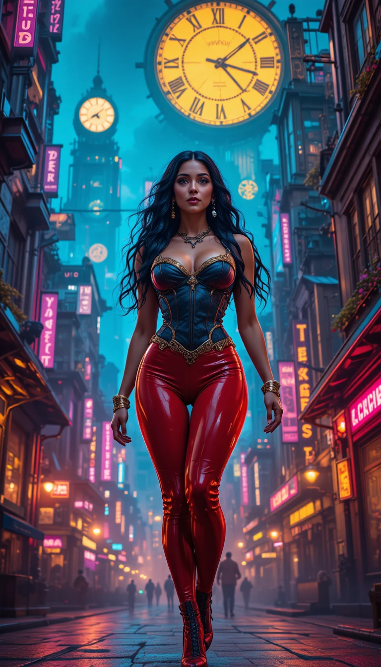 Donna dai capelli scuri e sicura di sé in una città steampunk al neon