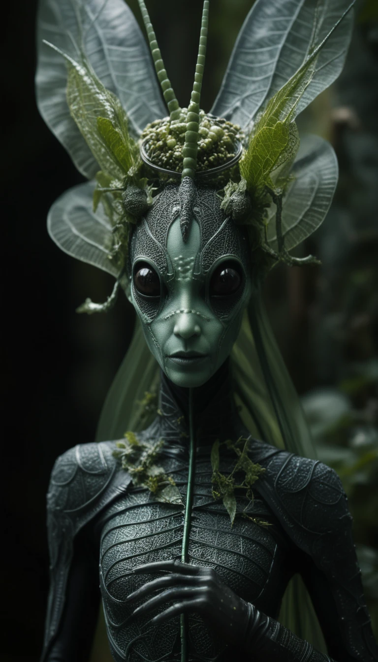 Alien fairy woman in organic biomechanical crown portrait
