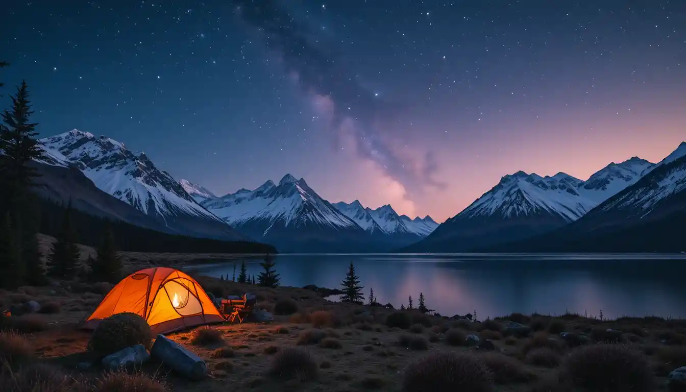 Picos nevados do Alasca sobre um tranquilo acampamento à beira do lago ao entardecer