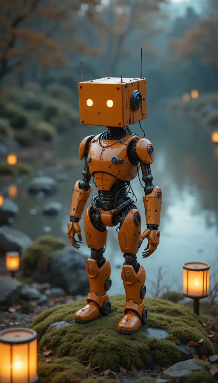 Quirky robot by a mossy pond with glowing lanterns