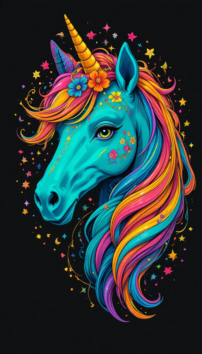 Ritratto di Unicorno Psichedelico con Criniera Arcobaleno su Sfondo Nero