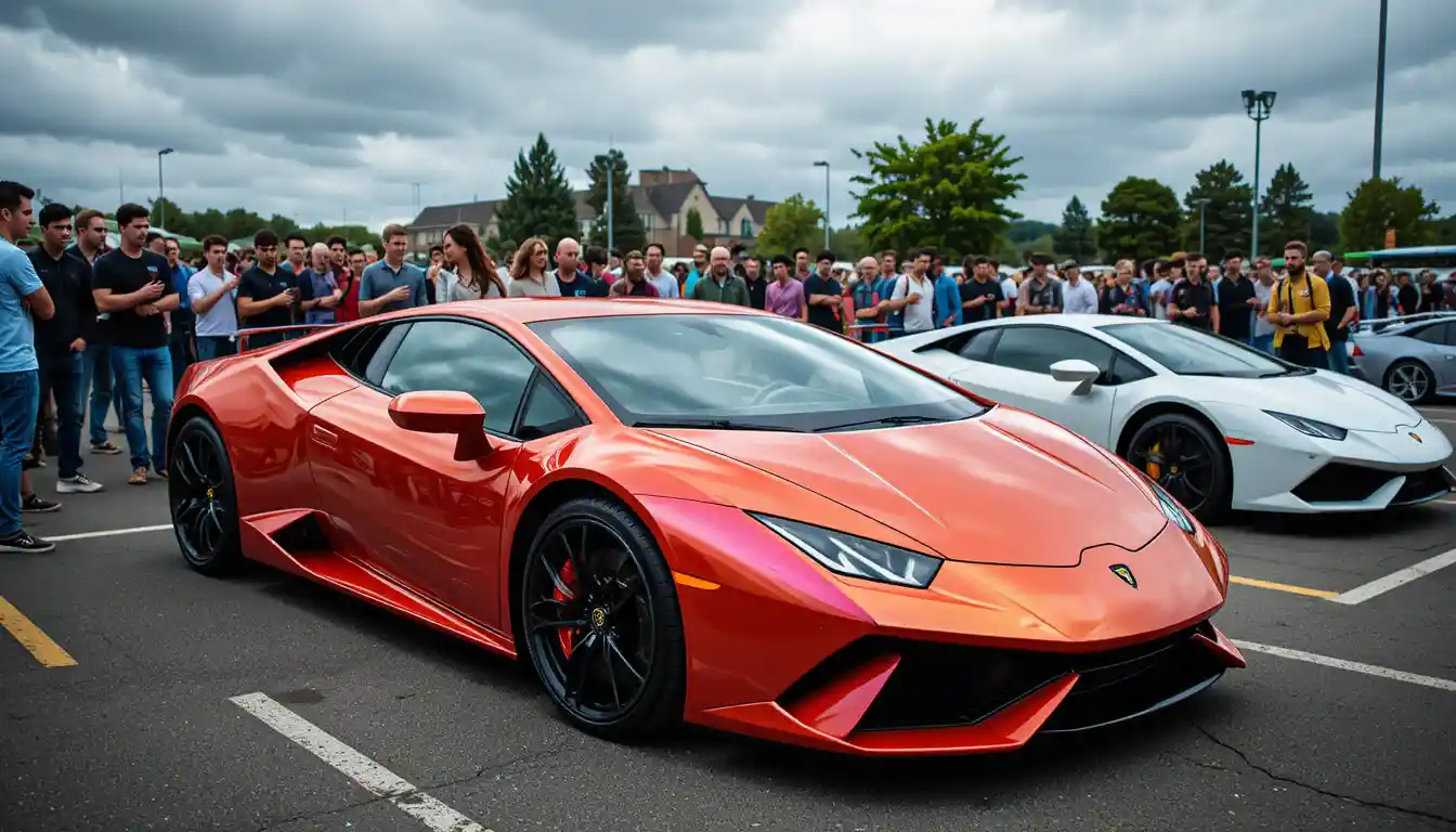 停在停車場車聚上的紫色 Lamborghini Huracan
