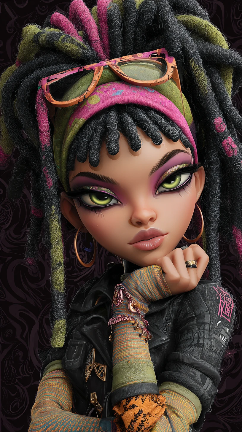 Rastafarian diva in a colorful goth Monster High classroom