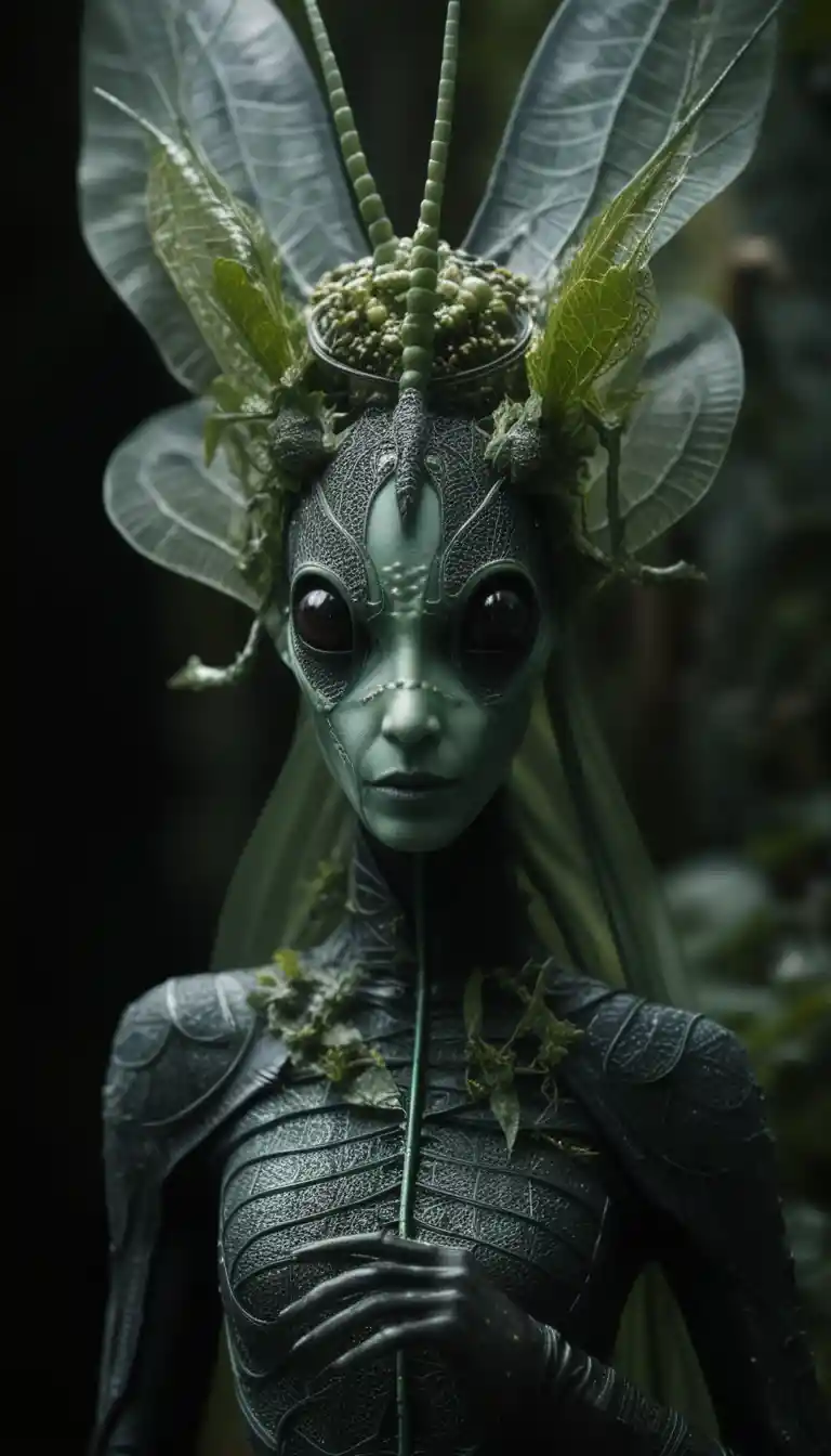 Alien fairy woman in organic biomechanical crown portrait