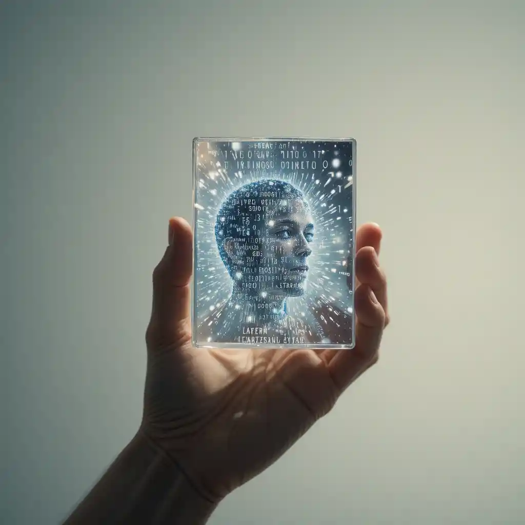 Human hand holding a mirror to a glowing data universe