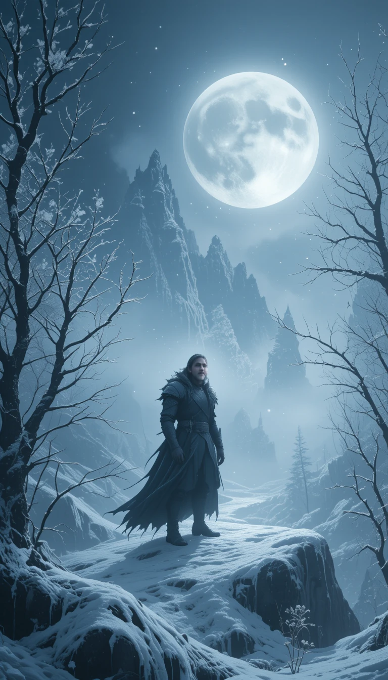 Voleur demi-elfe dans un paysage hivernal mystique au clair de lune
