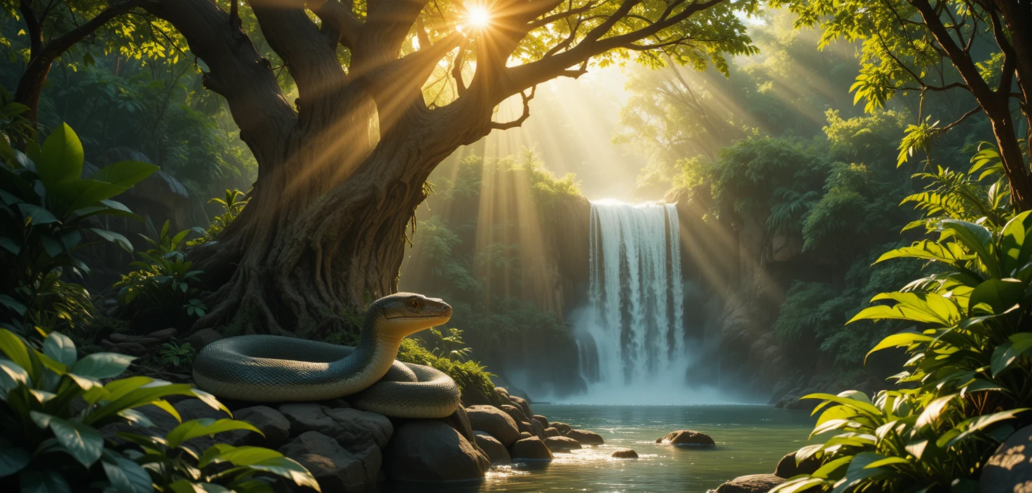 Boa pacífica descansando junto a una cascada selvática bañada por el sol