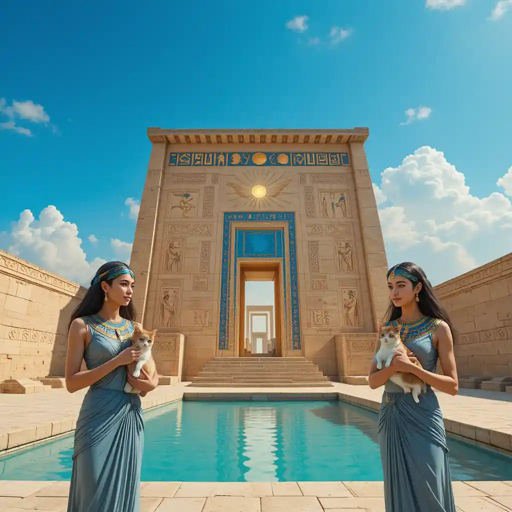 Ancient Egyptian priestesses holding sacred cats by a turquoise pool