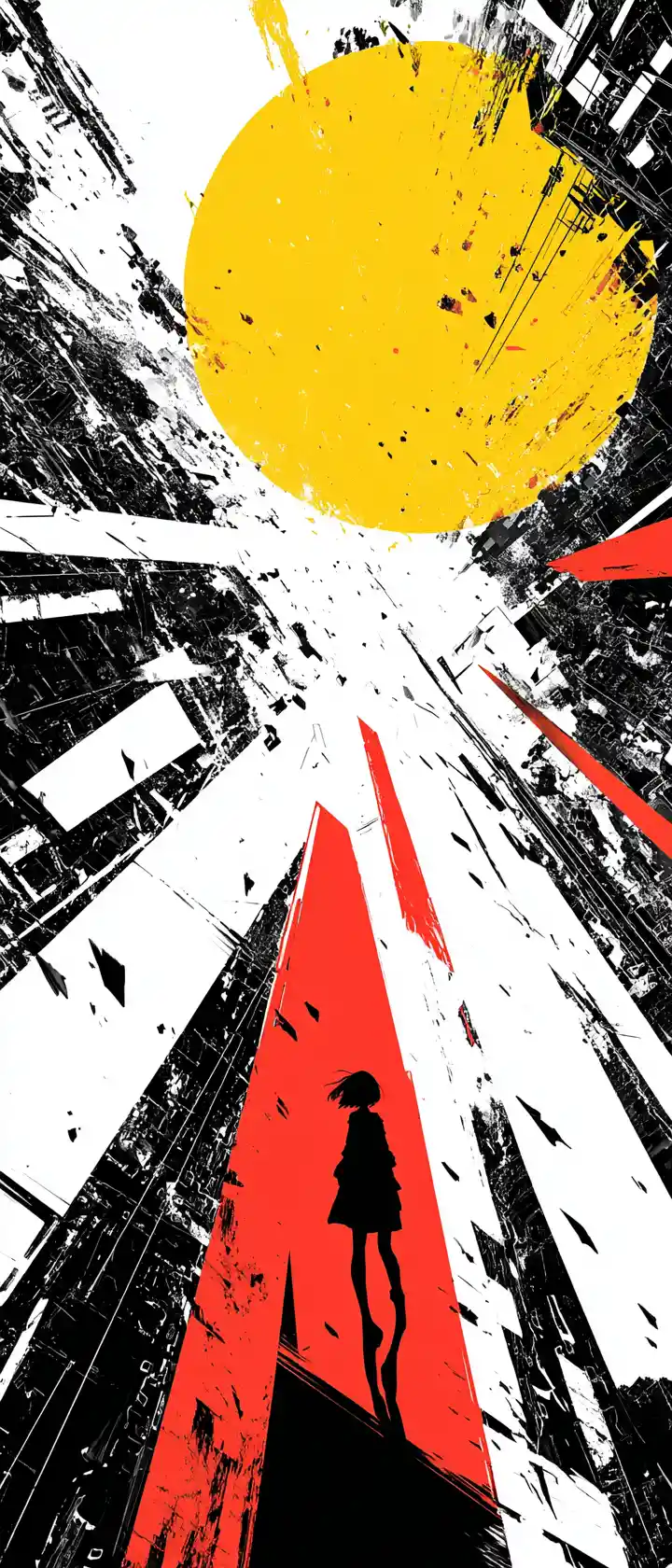 Anime figure ascending through abstract black and white planes