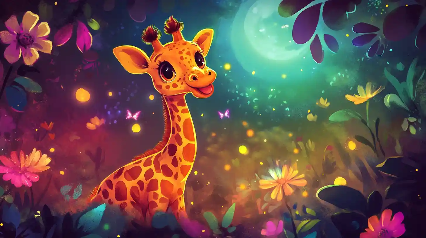 Cucciolo di giraffa giocherellona che cerca di afferrare le lucciole di notte