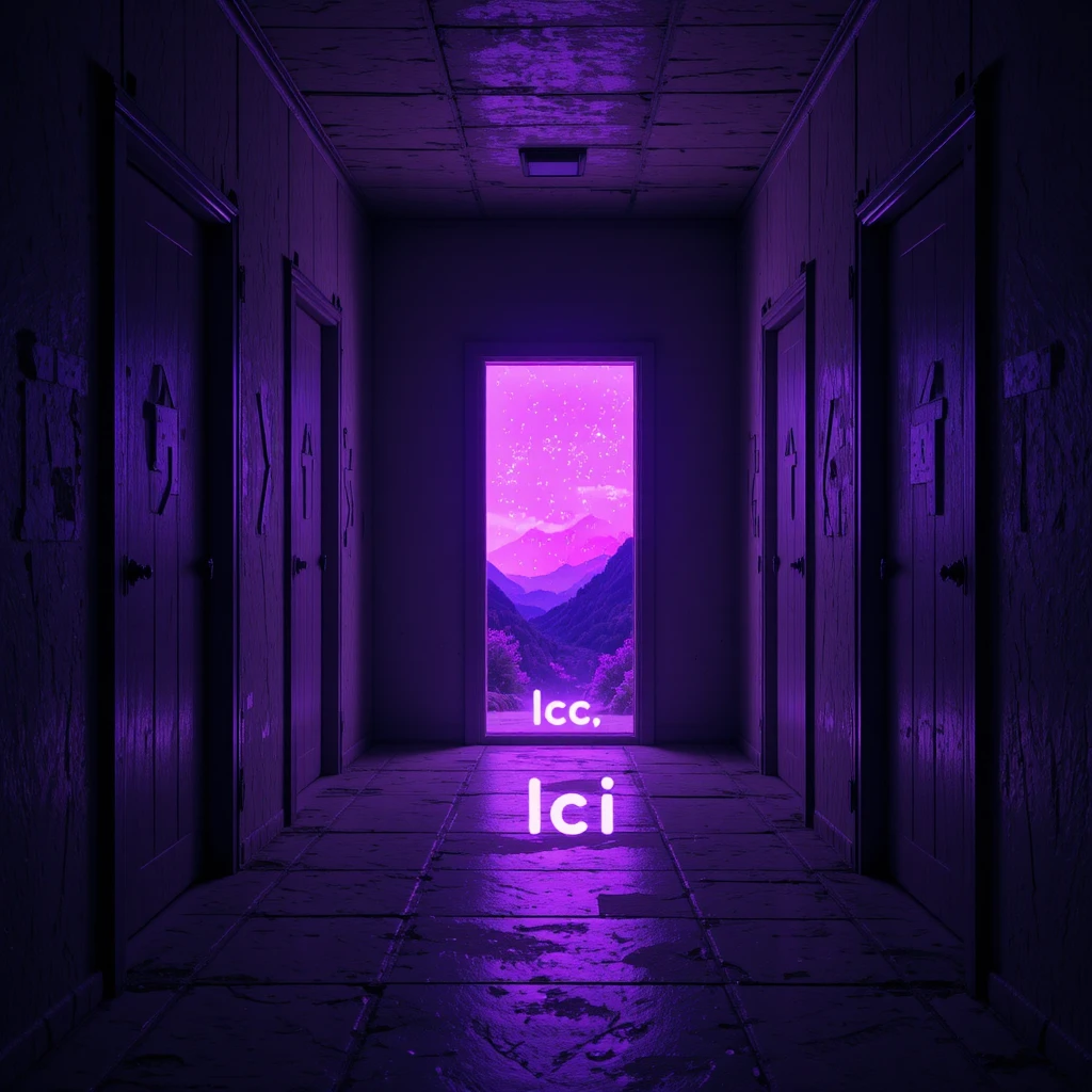 Couloir sombre de portes avec un choix violet lumineux