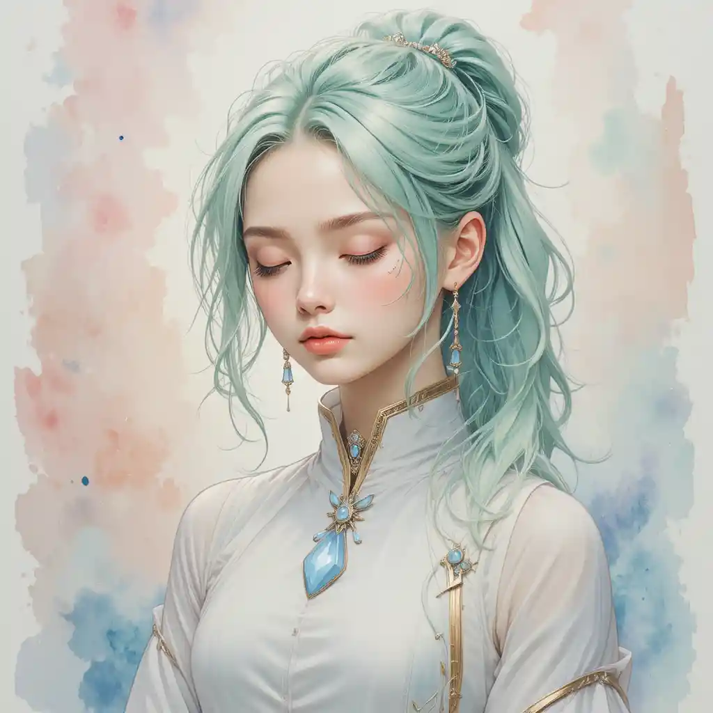 Retrato etéreo em aquarela de uma serena garota de fantasia com cabelo cor de menta