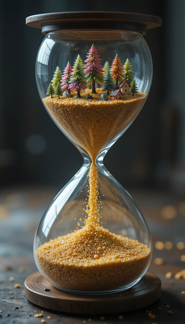 Transparent hourglass with gemstone forest and flowing sand