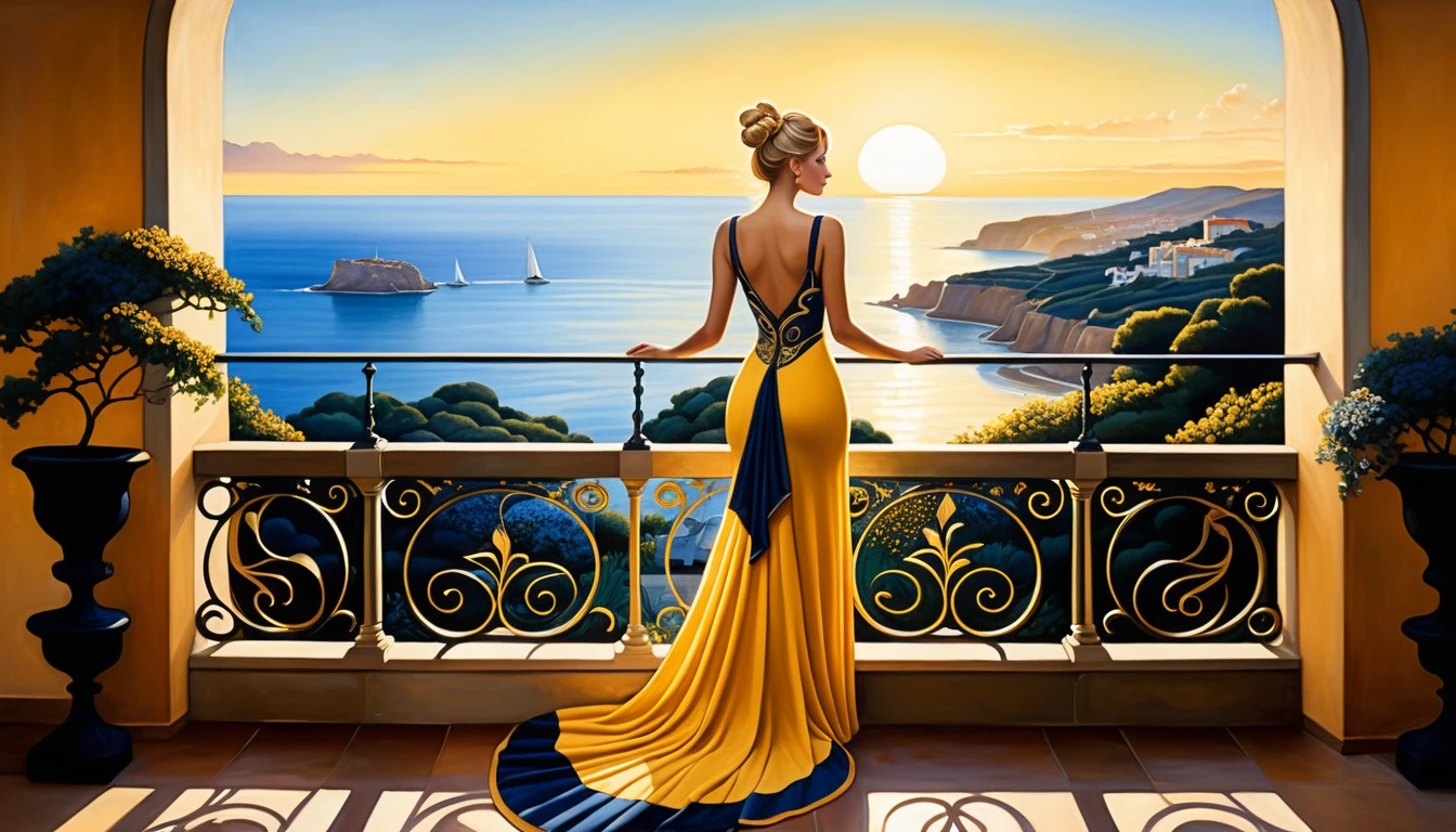 Femme surréaliste sur balcon au coucher du soleil surplombant jardin et mer