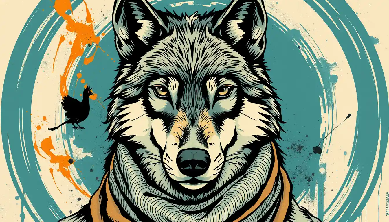 Retrato em close de lobo‑ártico com cachecol e traços marcantes