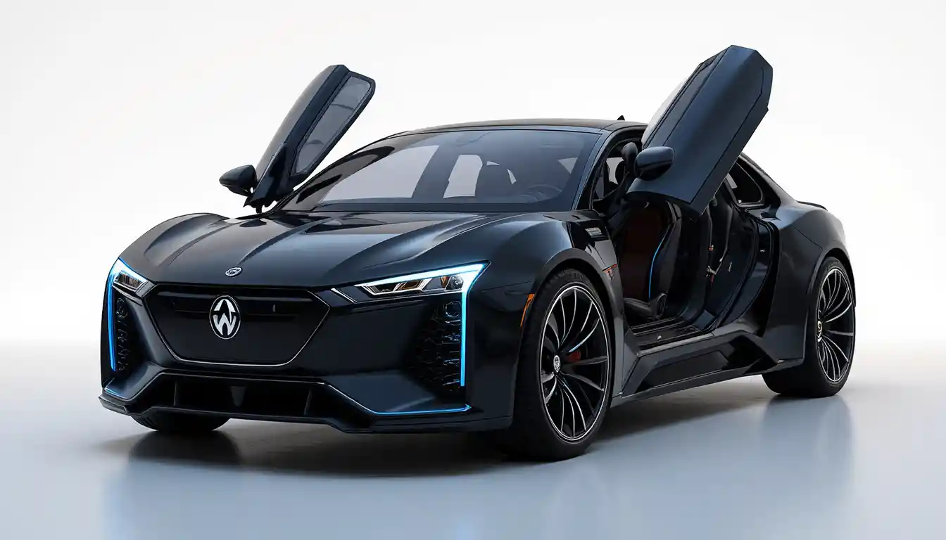 Carro preto futurista com detalhes em neon em estrada noturna