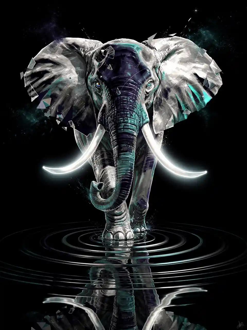Abstract digital elephant portrait over a black reflective void