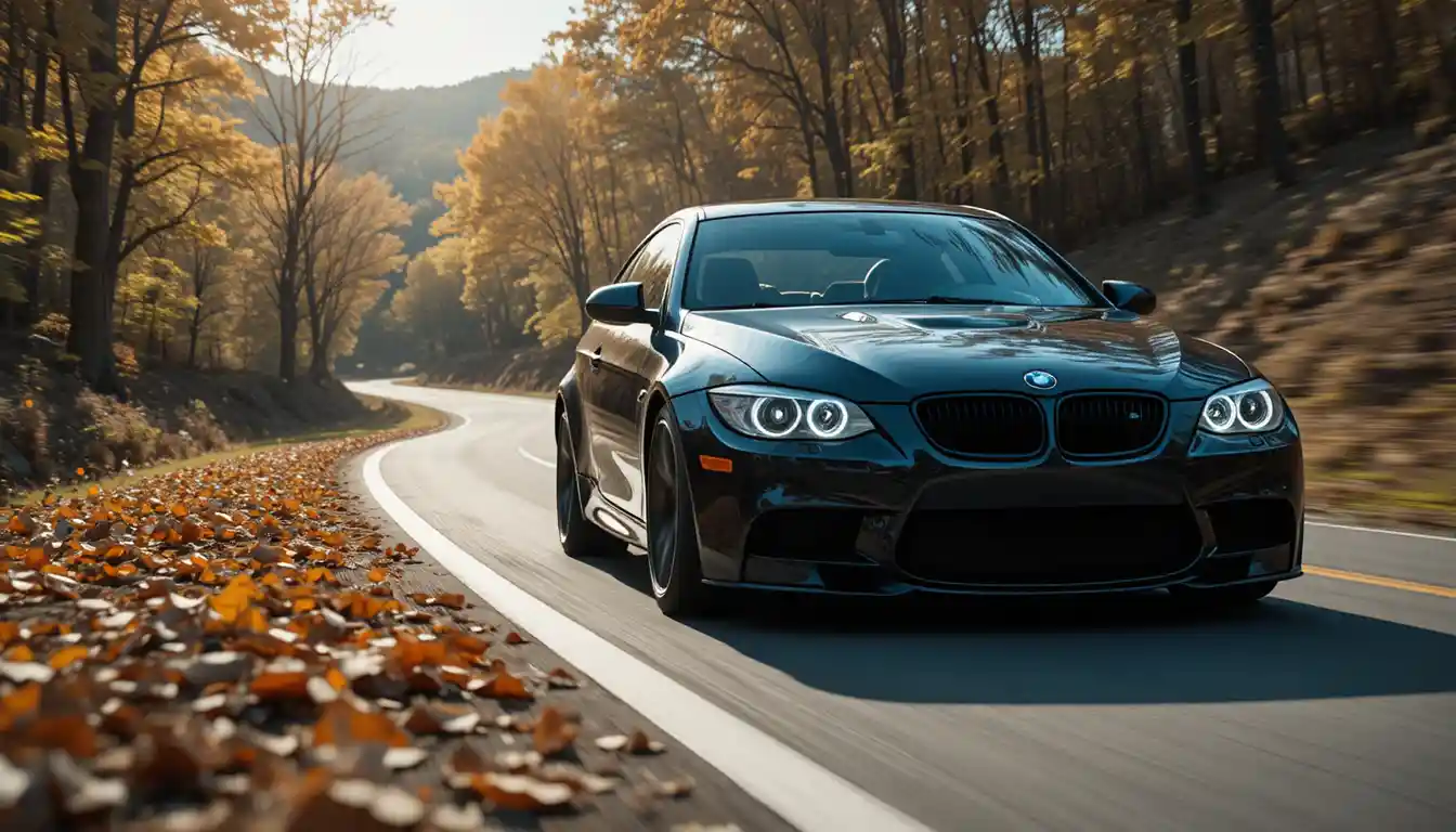 Vista aproximada de um carro esportivo BMW em uma estrada sinuosa