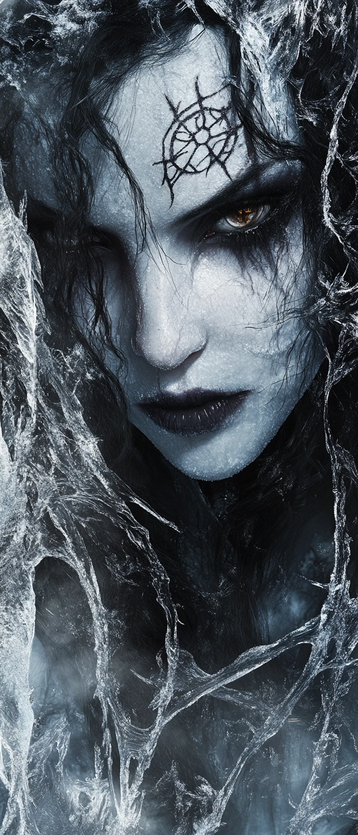 Sinister sorceress close up in a frozen dark forest