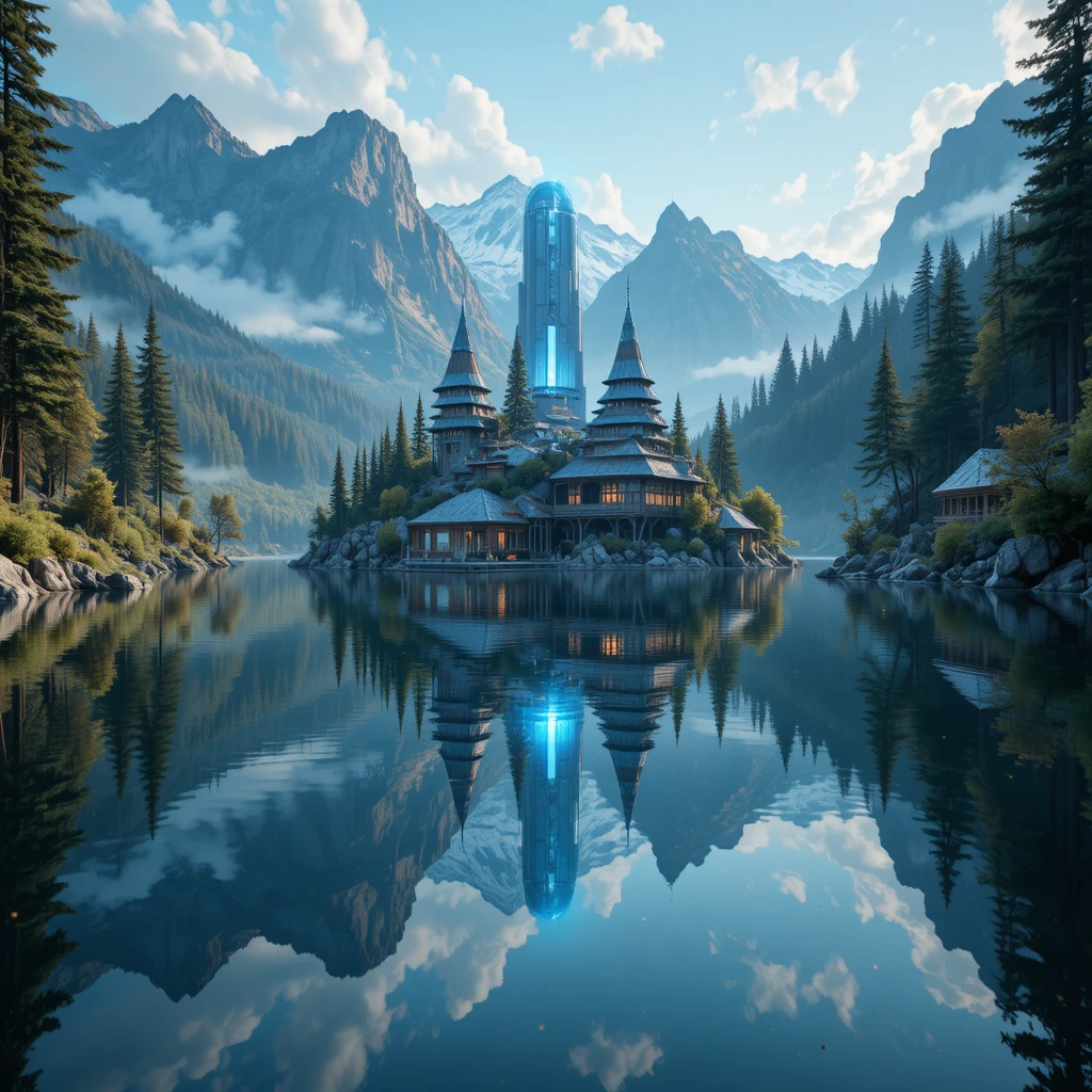 Calmo lago di montagna che riflette un vibrante portale di città futuristica