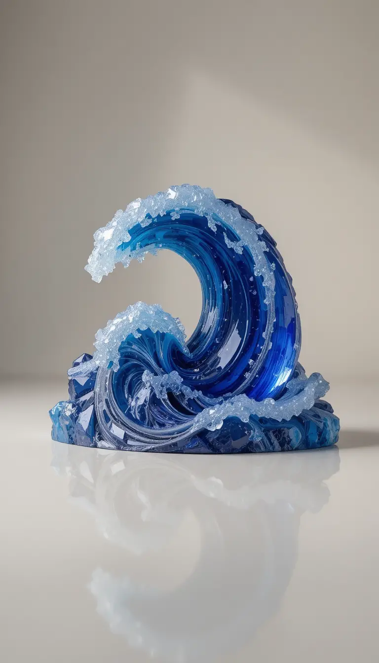中性棚拍背景上的冰凍藍寶石海浪雕塑