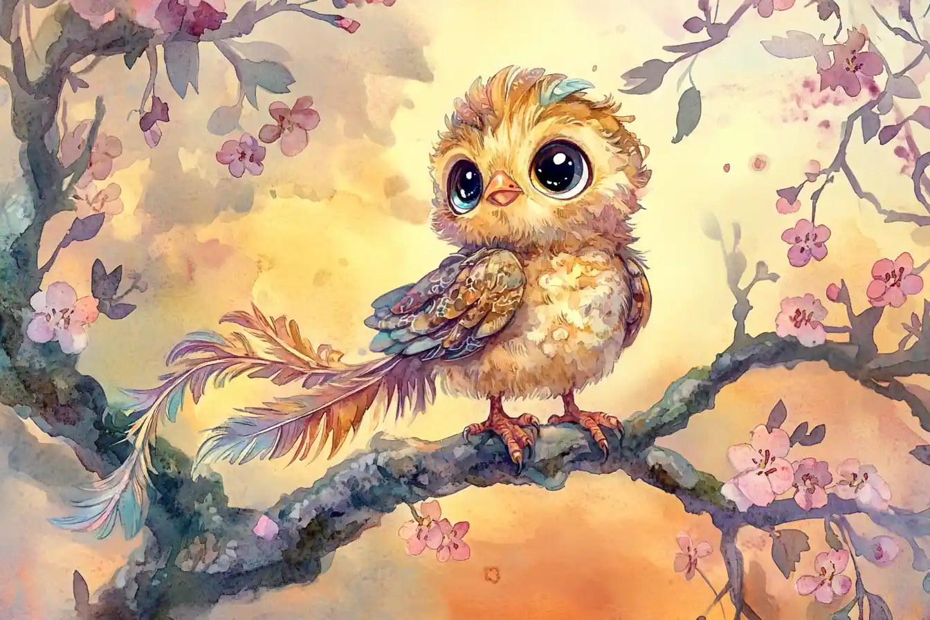 Grazioso cucciolo di simurgh appollaiato su un ramo fiorito