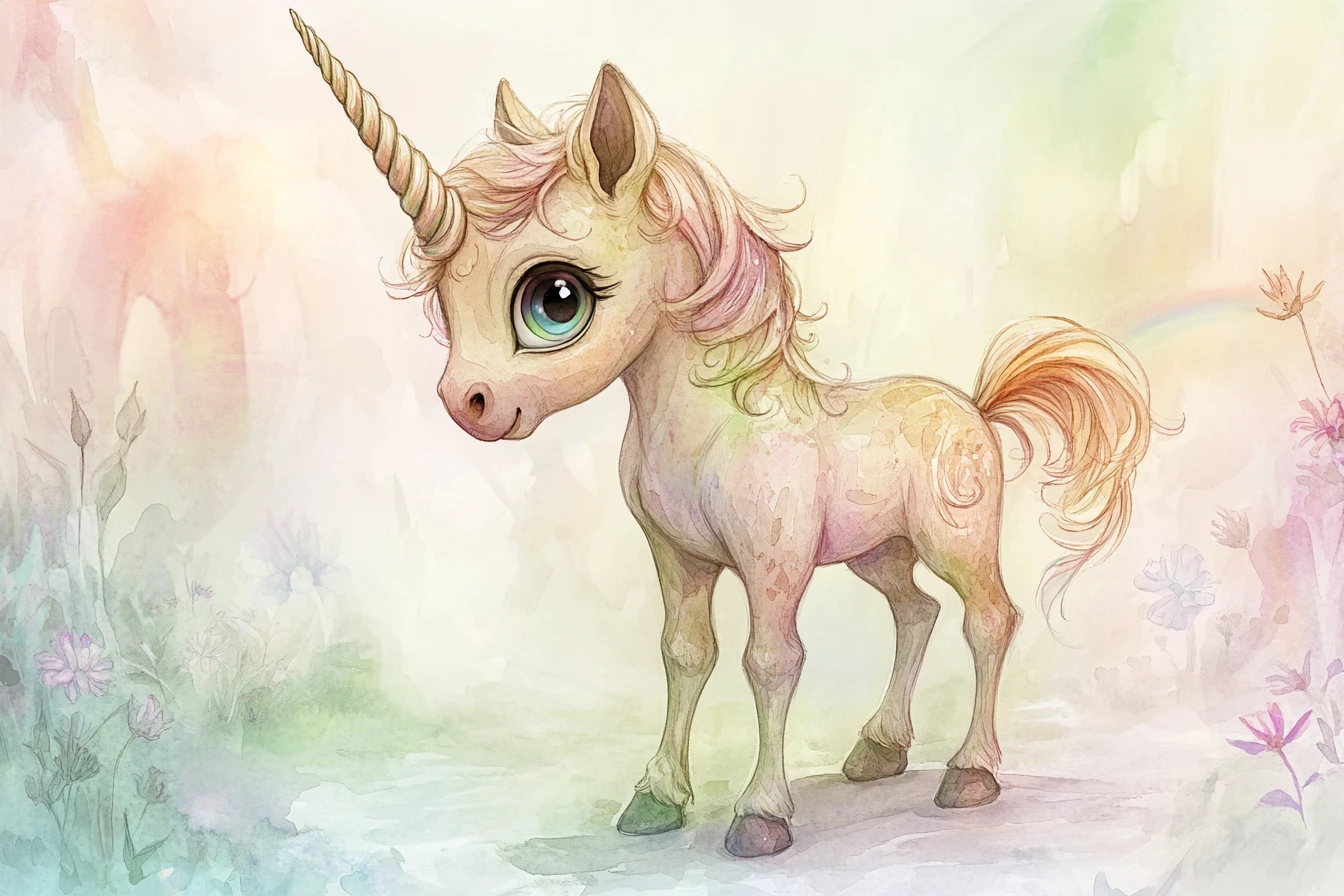 Delizioso unicorno bebé ad acquerello in un prato avvolto dalla nebbia