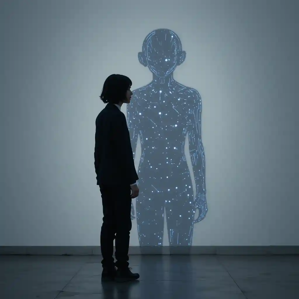 Silhouette futuristica d’ombra fatta di circuiti e luce blu