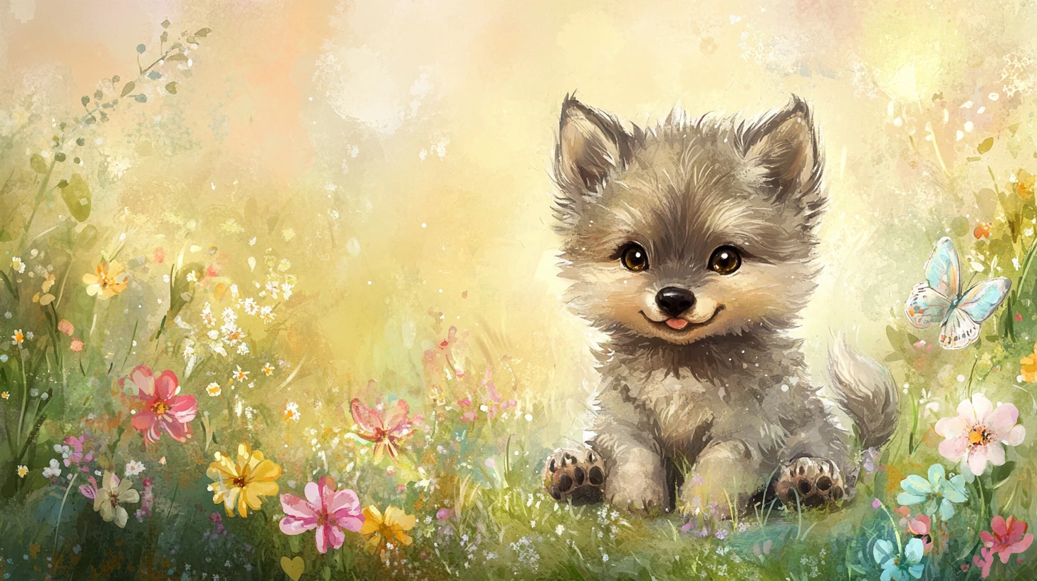Cute baby wolf pup in a sunny wildflower meadow