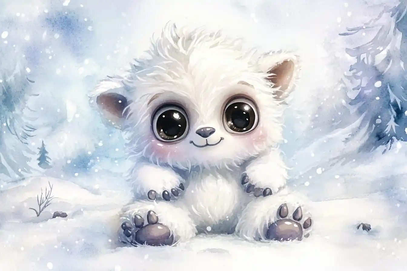 Baby-Yeti im verschneiten Wiesenpanorama – Aquarellillustration