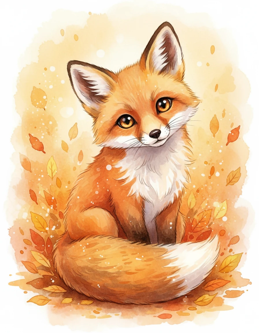 Aquarell-Babyfuchs mit großem Schwanz im Herbstwald