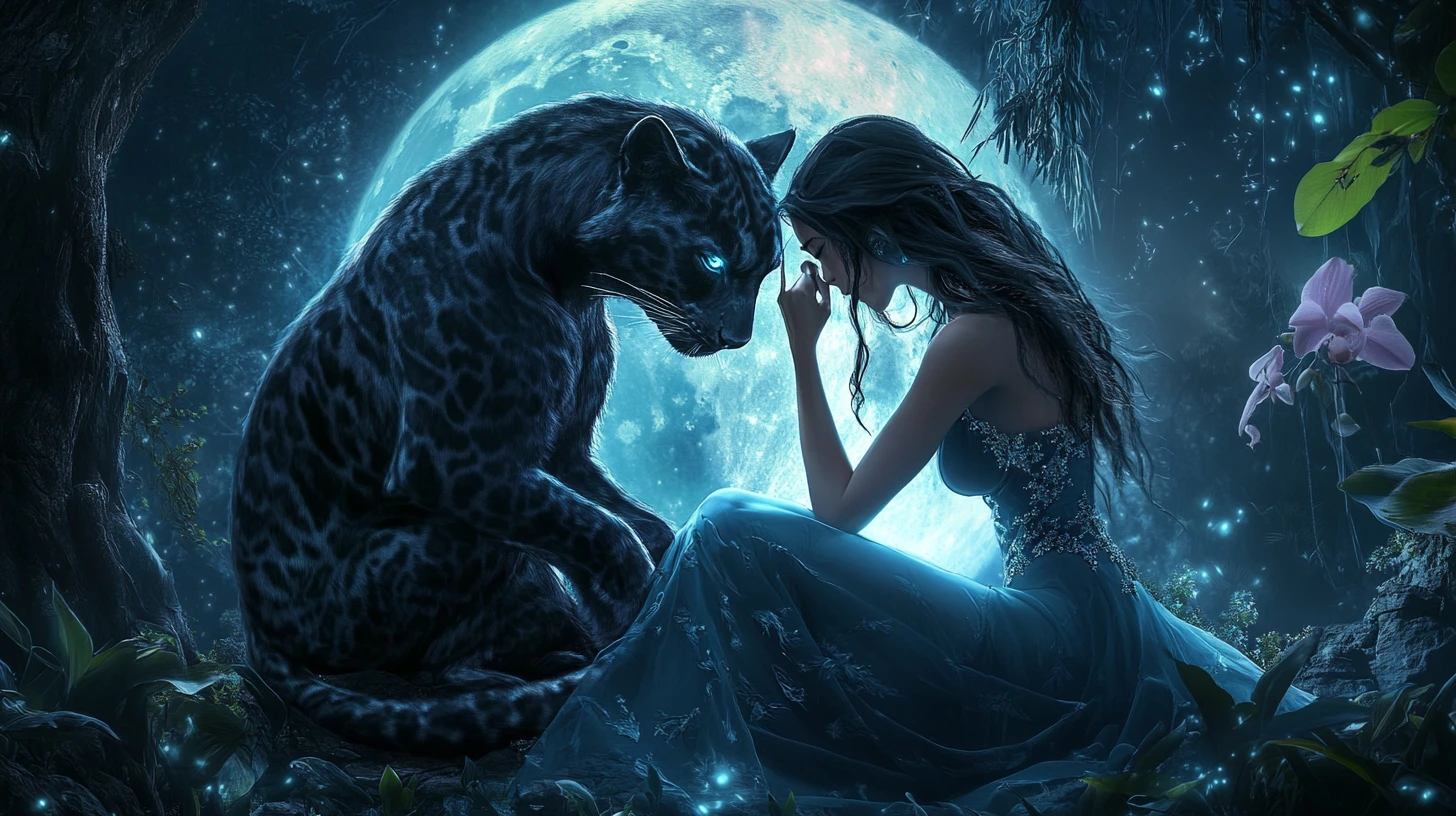 Femme se Transformant en Panthère sous la Pleine Lune Lumineuse