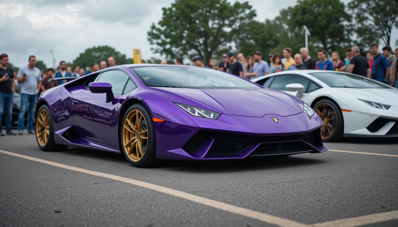 Carro esportivo roxo em destaque em evento automotivo ao ar livre