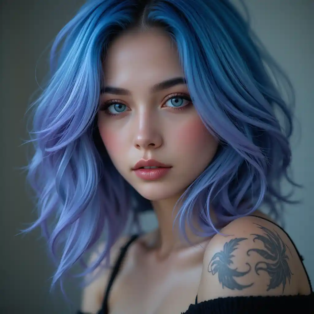 Jovem de cabelo azul em close com olhar contemplativo