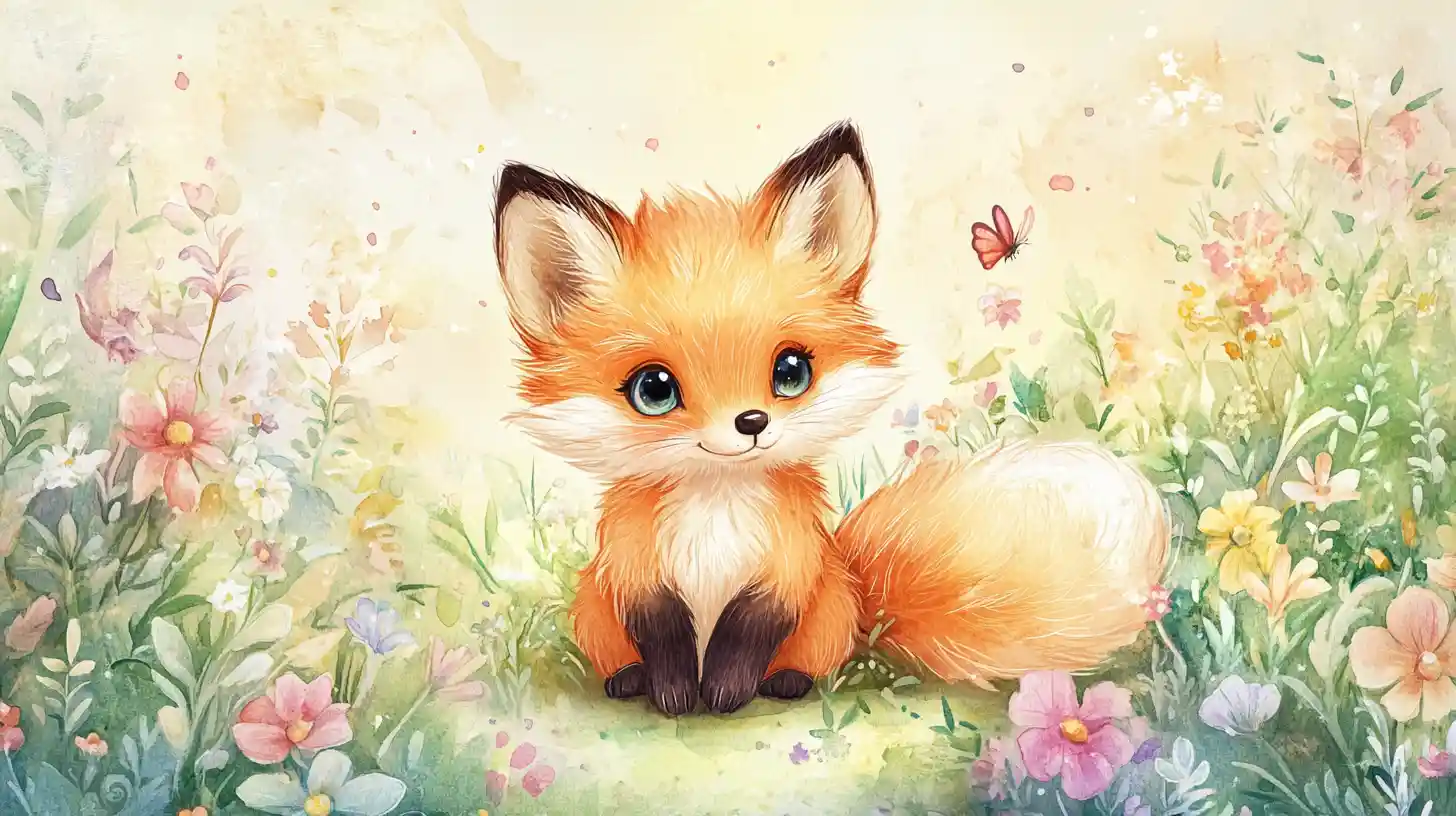 Adorável filhote de raposa em um campo florido ensolarado em aquarela