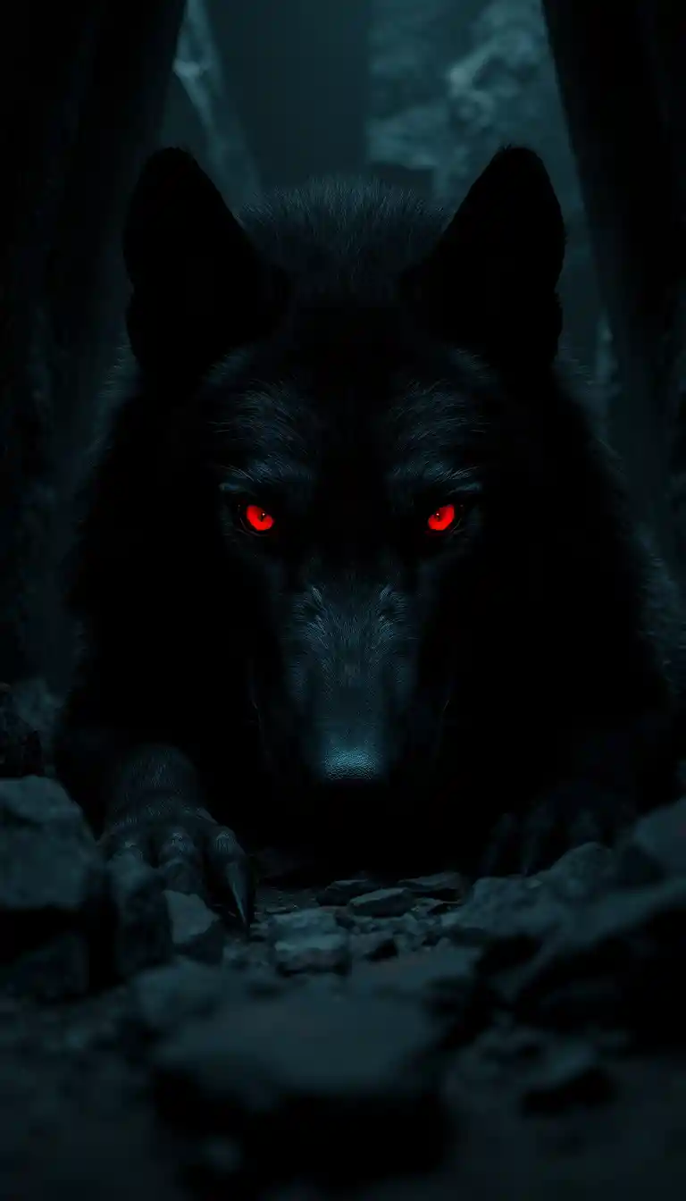 Lobo negro gigantesco com olhos vermelhos brilhantes em caverna escura
