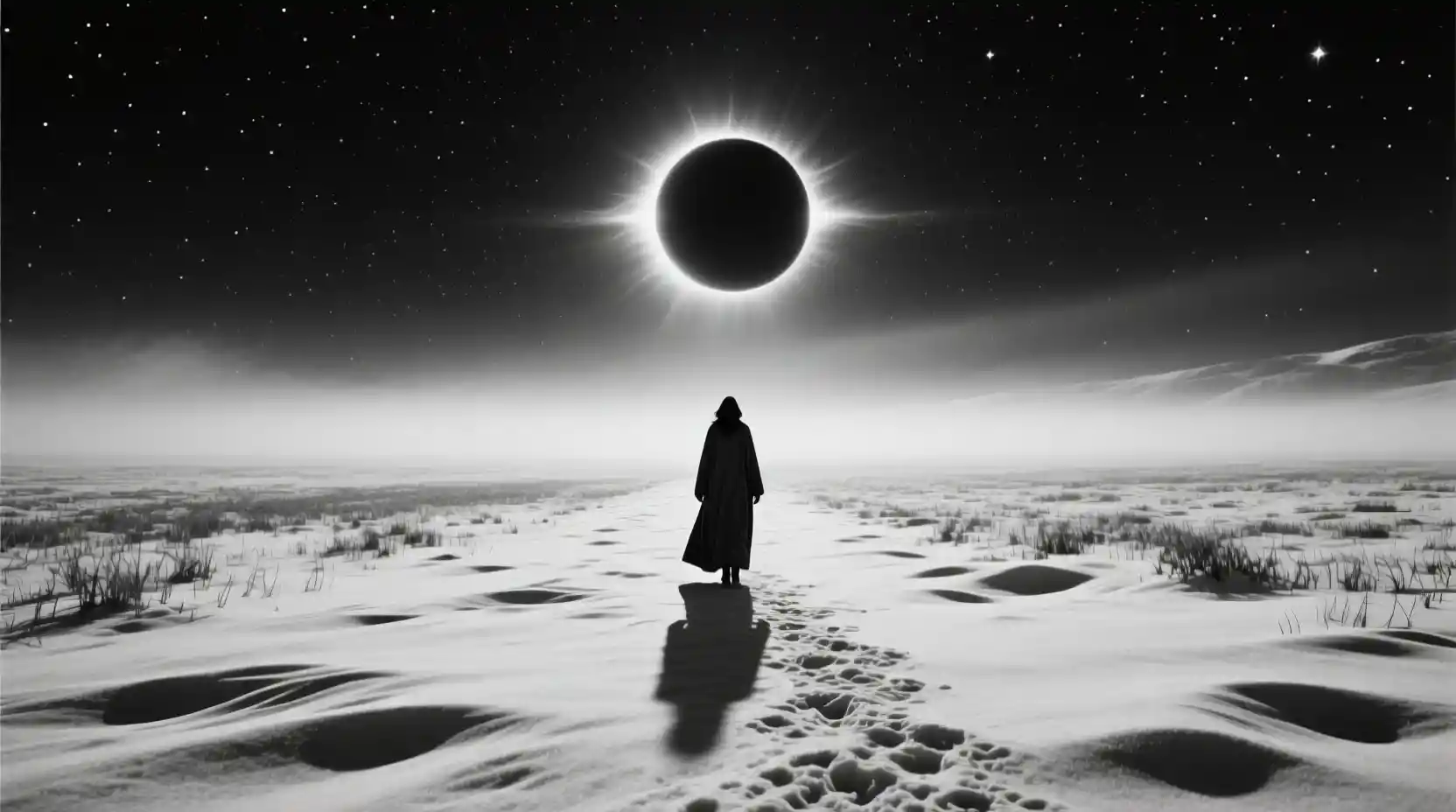 Donna incappucciata che attraversa un campo innevato verso l'eclissi solare